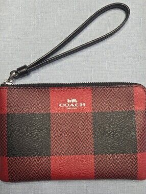 Coach Buffalo Plaid Corner Zip Wristlet Red Black Wallet Pouch